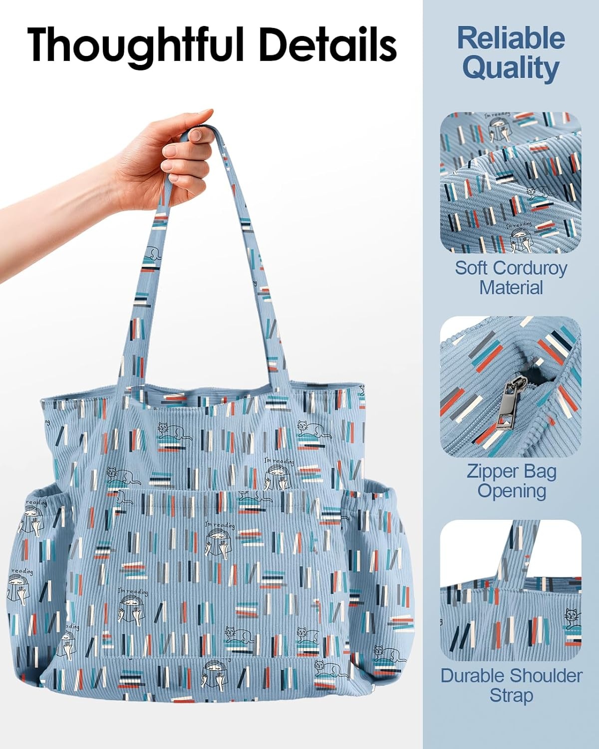 image:imageMiss Adola Large Corduroy Tote Bag for Women Cute Shoulder Reusable Bags with Zipper MultiPocket for SchoolBlue Book