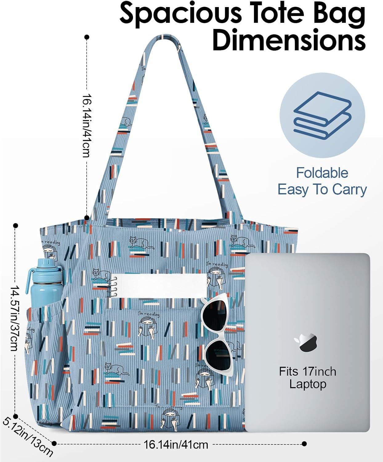 image:imageMiss Adola Large Corduroy Tote Bag for Women Cute Shoulder Reusable Bags with Zipper MultiPocket for SchoolBlue Book