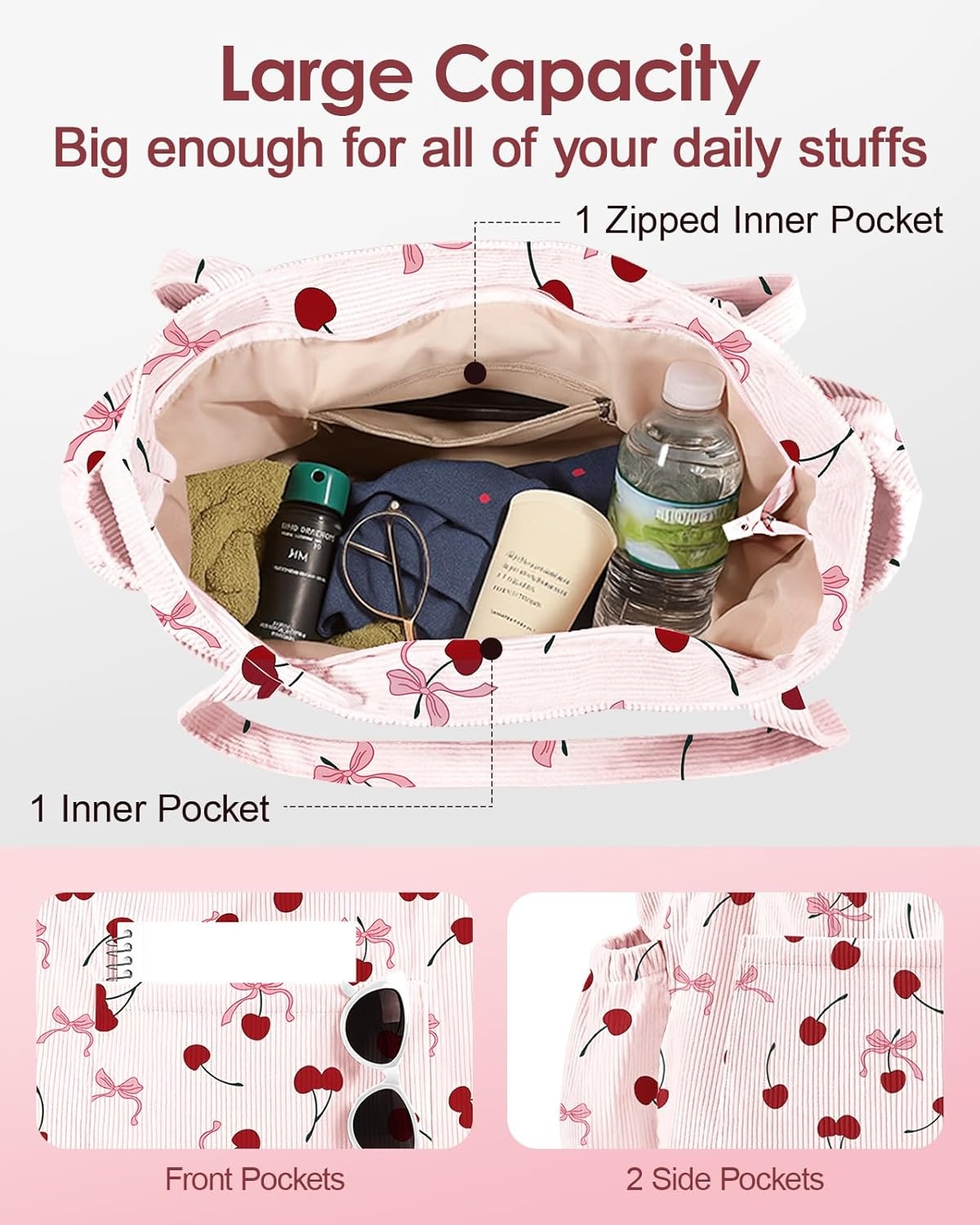 image:imageMiss Adola Large Corduroy Tote Bag for Women Cute Shoulder Reusable Bags with Zipper MultiPocket for SchoolCherry Bow