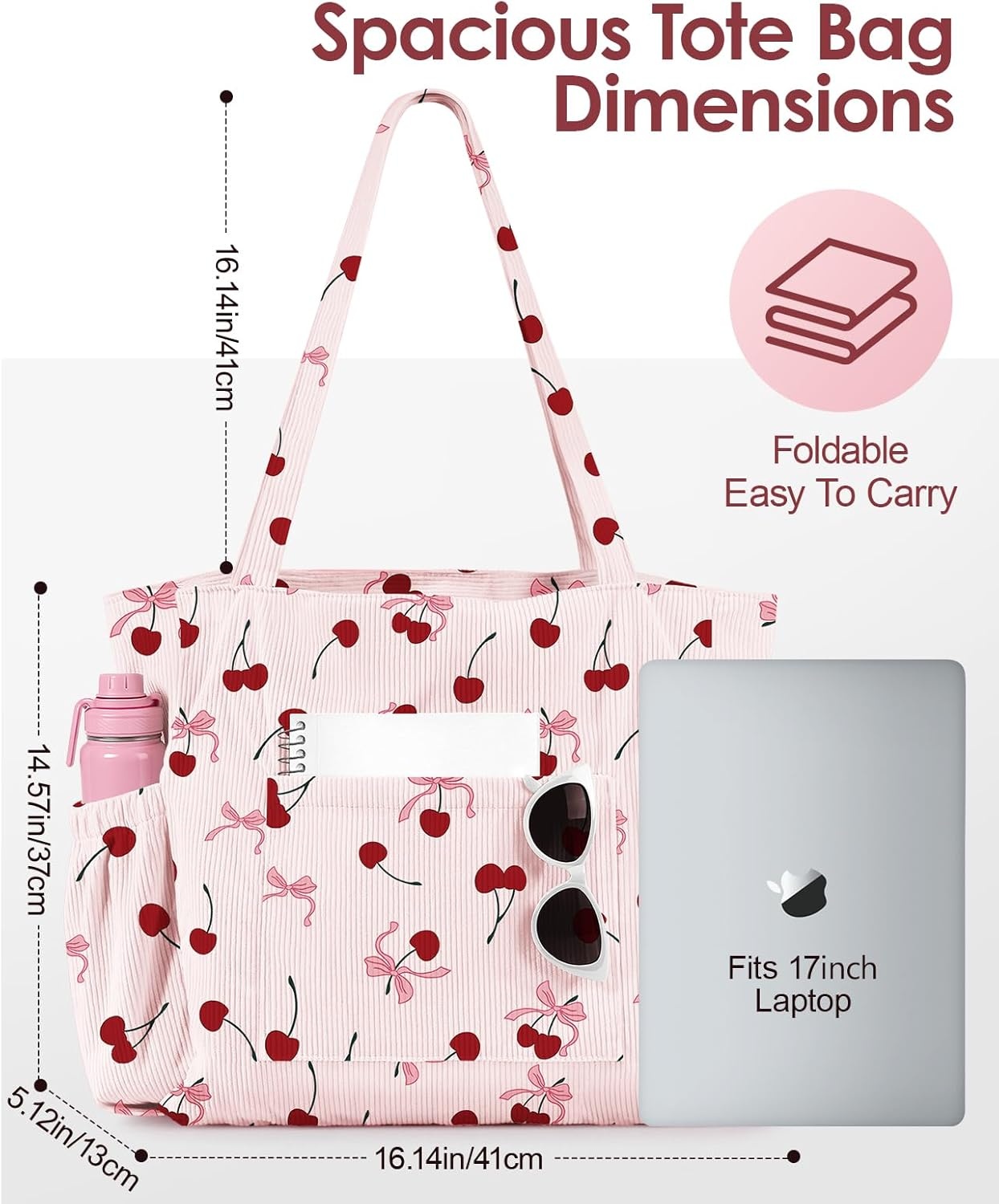 image:imageMiss Adola Large Corduroy Tote Bag for Women Cute Shoulder Reusable Bags with Zipper MultiPocket for SchoolCherry Bow