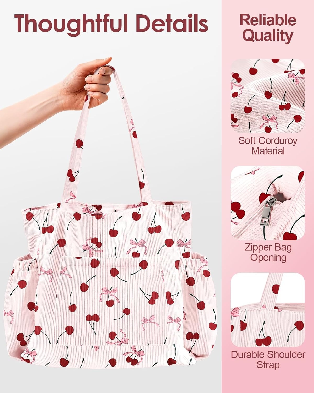 image:imageMiss Adola Large Corduroy Tote Bag for Women Cute Shoulder Reusable Bags with Zipper MultiPocket for SchoolCherry Bow