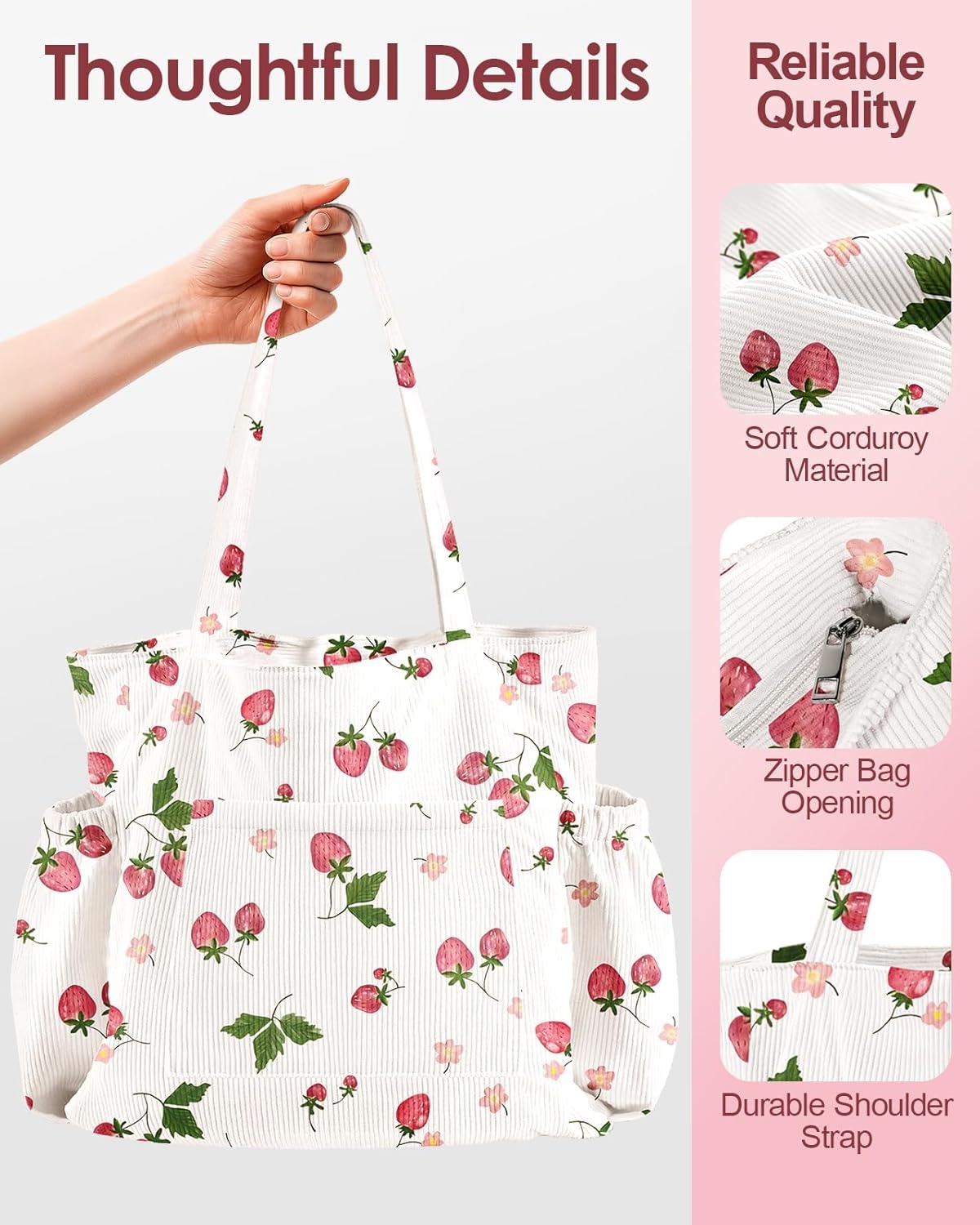 image:imageMiss Adola Large Corduroy Tote Bag for Women Cute Shoulder Reusable Bags with Zipper MultiPocket for SchoolFloral Strawberry