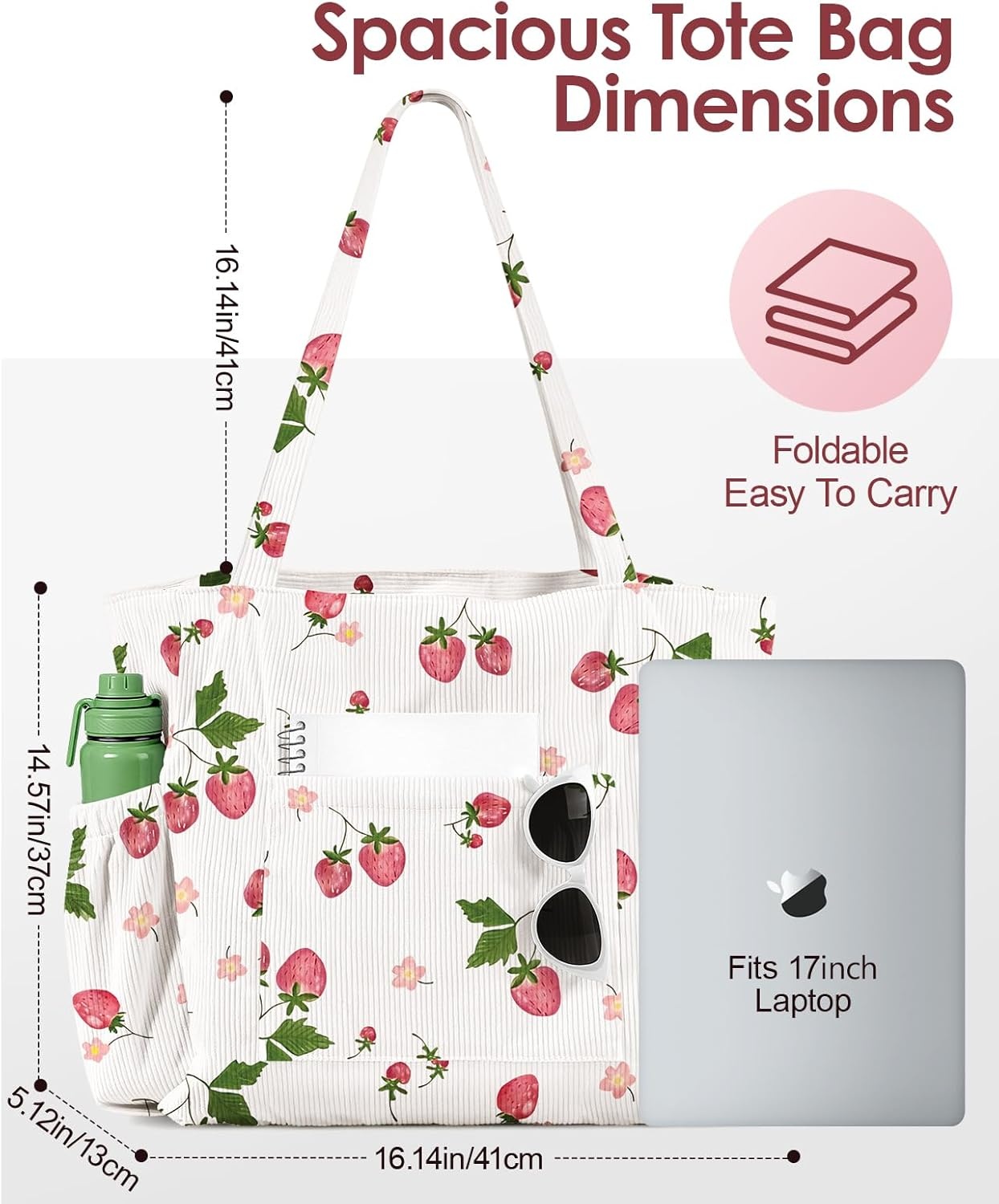 image:imageMiss Adola Large Corduroy Tote Bag for Women Cute Shoulder Reusable Bags with Zipper MultiPocket for SchoolFloral Strawberry