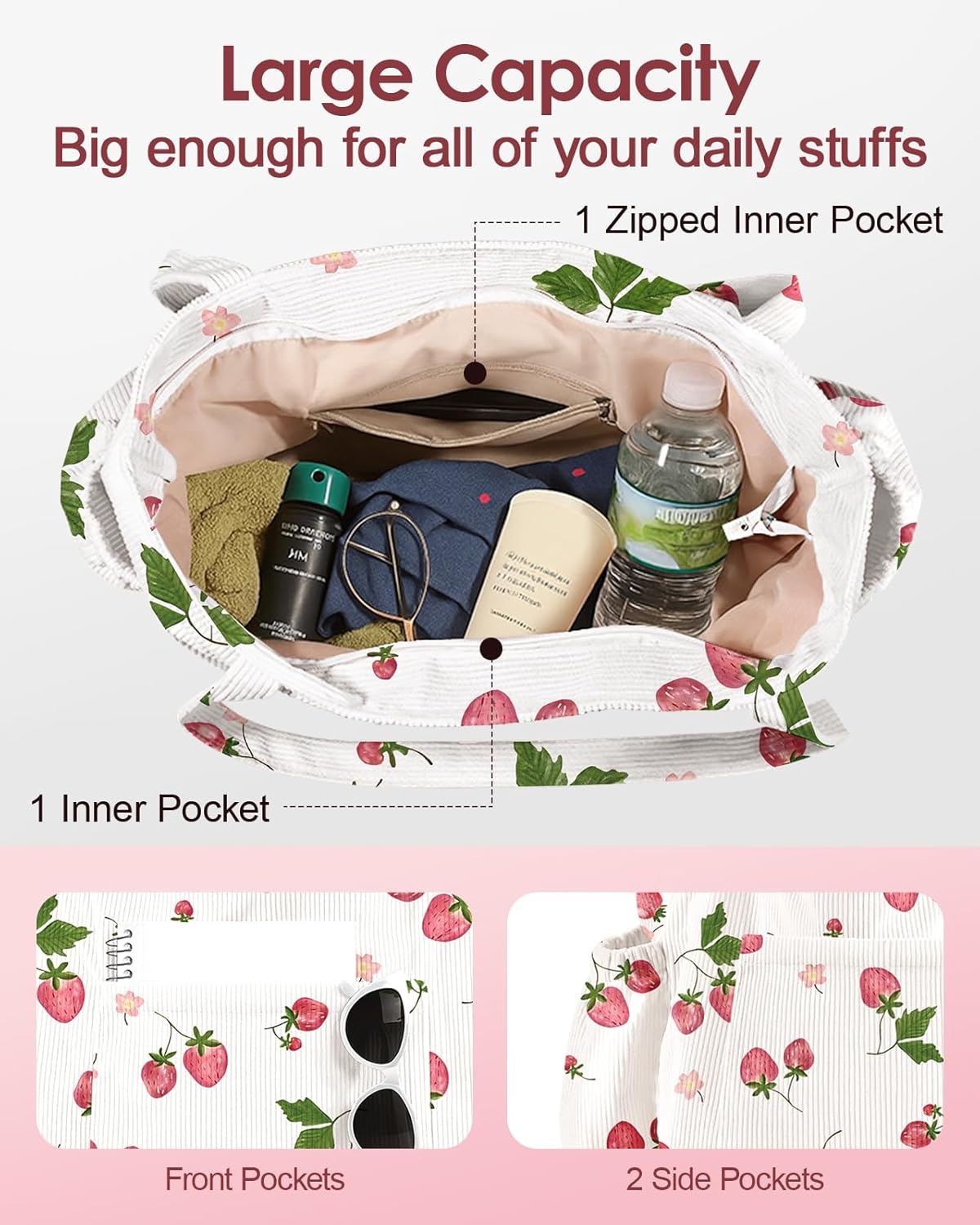 image:imageMiss Adola Large Corduroy Tote Bag for Women Cute Shoulder Reusable Bags with Zipper MultiPocket for SchoolFloral Strawberry