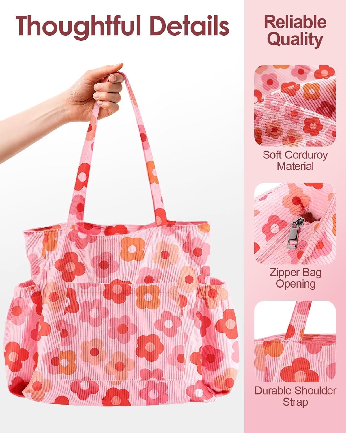 image:imageMiss Adola Large Corduroy Tote Bag for Women Cute Shoulder Reusable Bags with Zipper MultiPocket for SchoolPk Flower