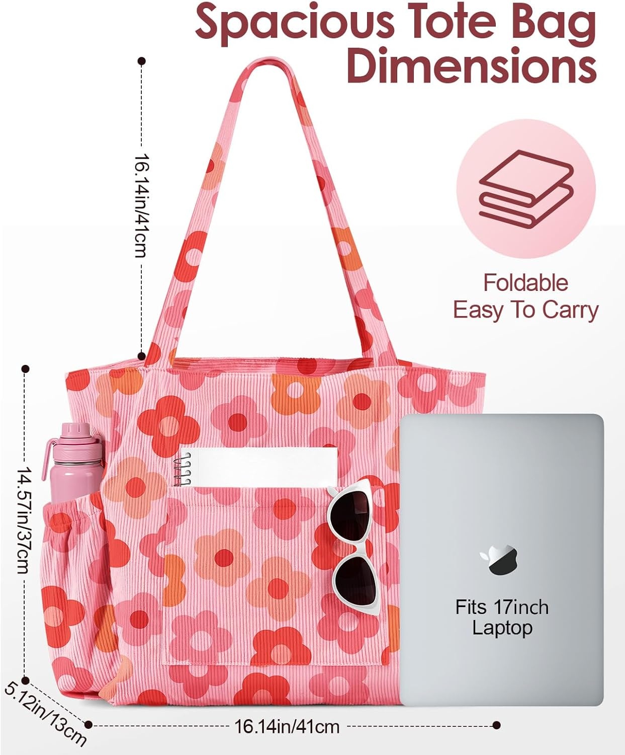 image:imageMiss Adola Large Corduroy Tote Bag for Women Cute Shoulder Reusable Bags with Zipper MultiPocket for SchoolPk Flower