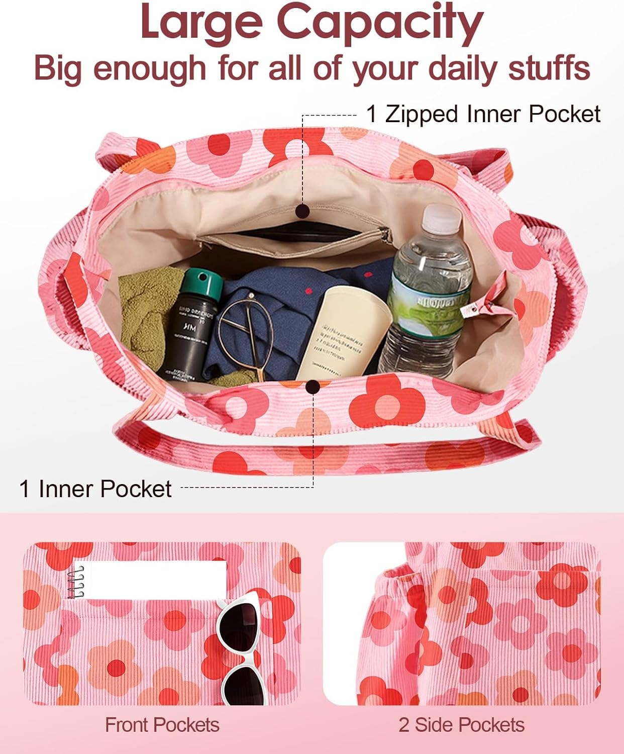 image:imageMiss Adola Large Corduroy Tote Bag for Women Cute Shoulder Reusable Bags with Zipper MultiPocket for SchoolPk Flower