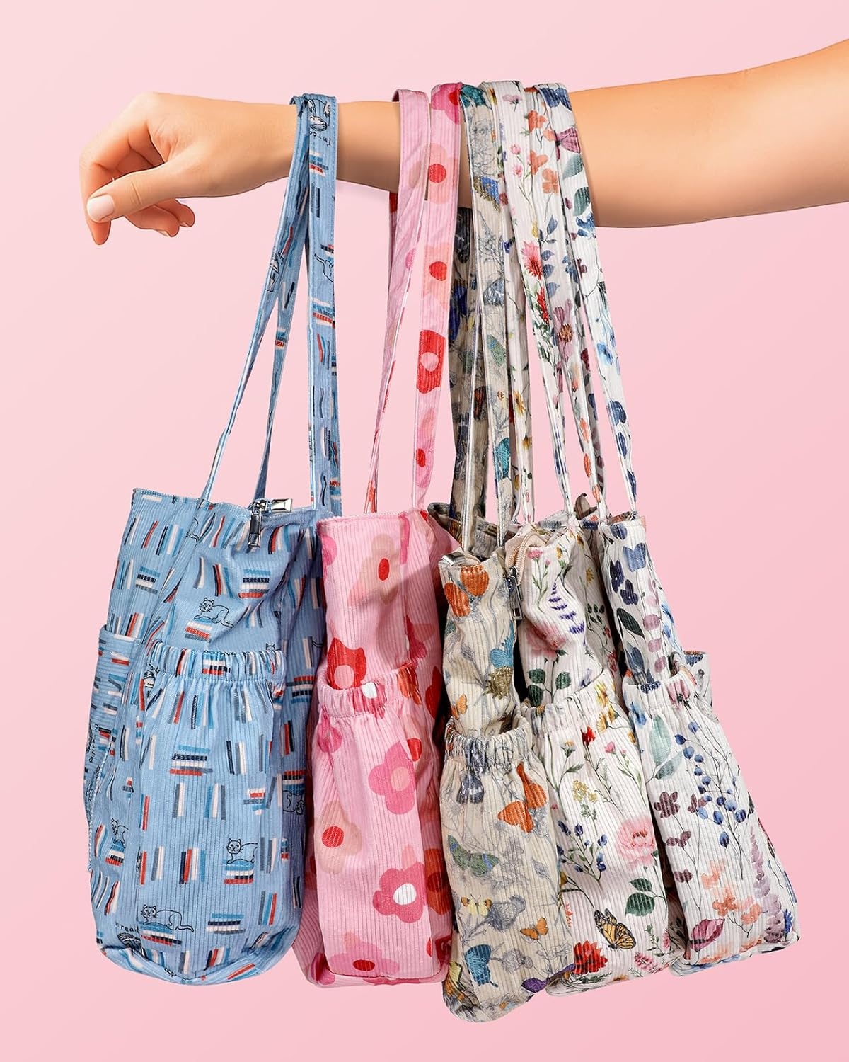 image:imageMiss Adola Large Corduroy Tote Bag for Women Cute Shoulder Reusable Bags with Zipper MultiPocket for SchoolPk Flower