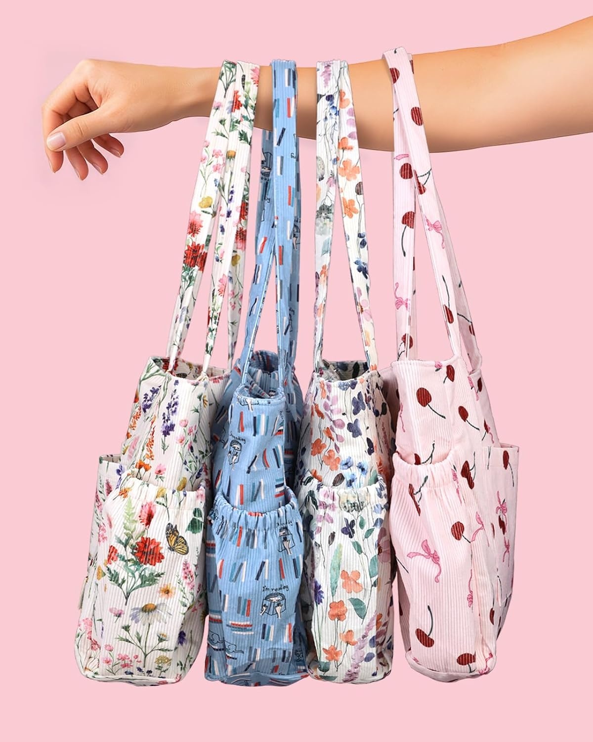 image:imageMiss Adola Large Corduroy Tote Bag for Women Cute Shoulder Reusable Bags with Zipper MultiPocket for SchoolRetro Butterfly Flower