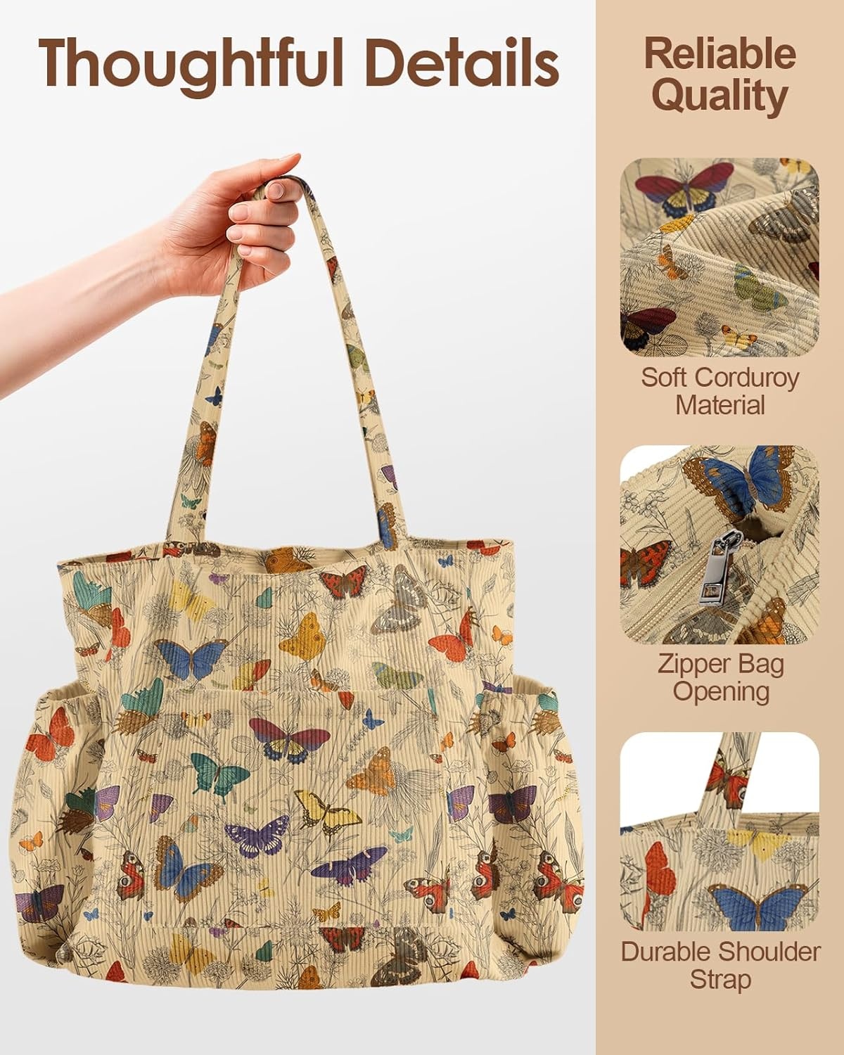 image:imageMiss Adola Large Corduroy Tote Bag for Women Cute Shoulder Reusable Bags with Zipper MultiPocket for SchoolRetro Butterfly Flower