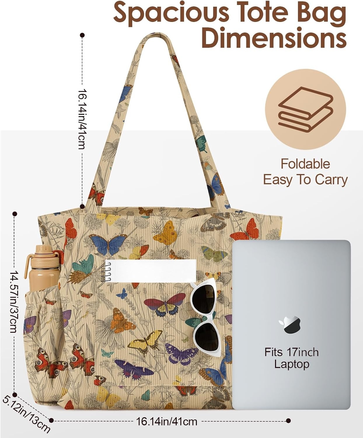 image:imageMiss Adola Large Corduroy Tote Bag for Women Cute Shoulder Reusable Bags with Zipper MultiPocket for SchoolRetro Butterfly Flower