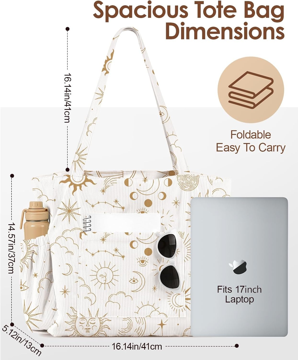 image:imageMiss Adola Large Corduroy Tote Bag for Women Cute Shoulder Reusable Bags with Zipper MultiPocket for SchoolStar Moon