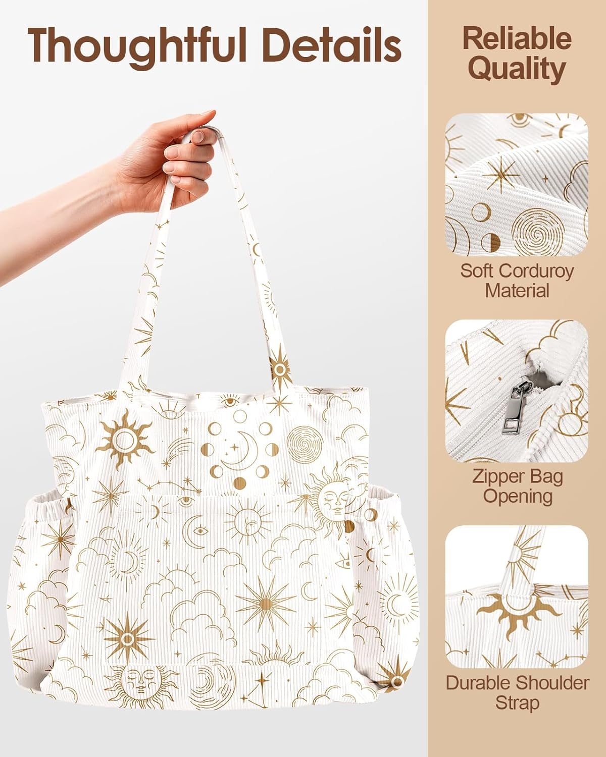 image:imageMiss Adola Large Corduroy Tote Bag for Women Cute Shoulder Reusable Bags with Zipper MultiPocket for SchoolStar Moon