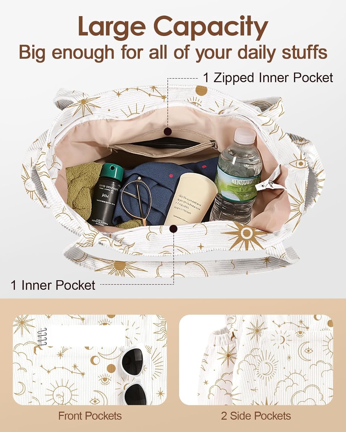image:imageMiss Adola Large Corduroy Tote Bag for Women Cute Shoulder Reusable Bags with Zipper MultiPocket for SchoolStar Moon