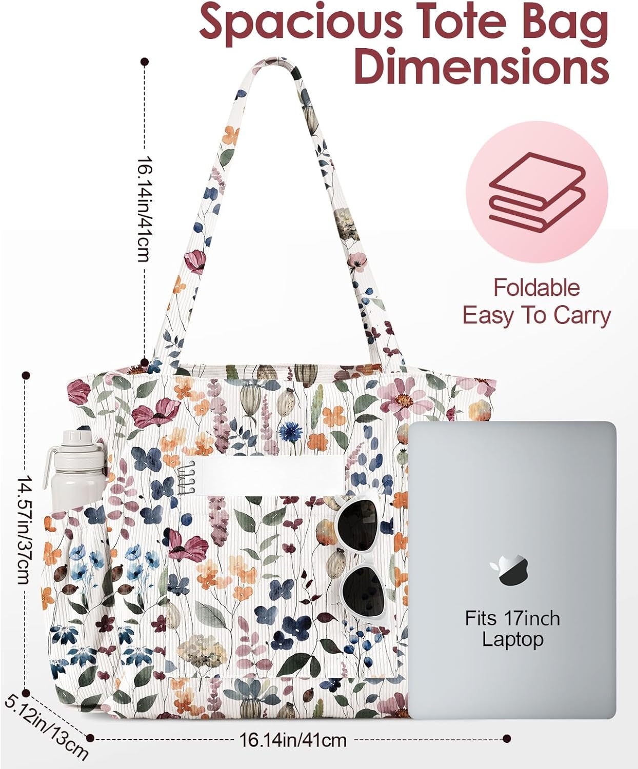 image:imageMiss Adola Large Corduroy Tote Bag for Women Cute Shoulder Reusable Bags with Zipper MultiPocket for SchoolWatercolor Wildflower