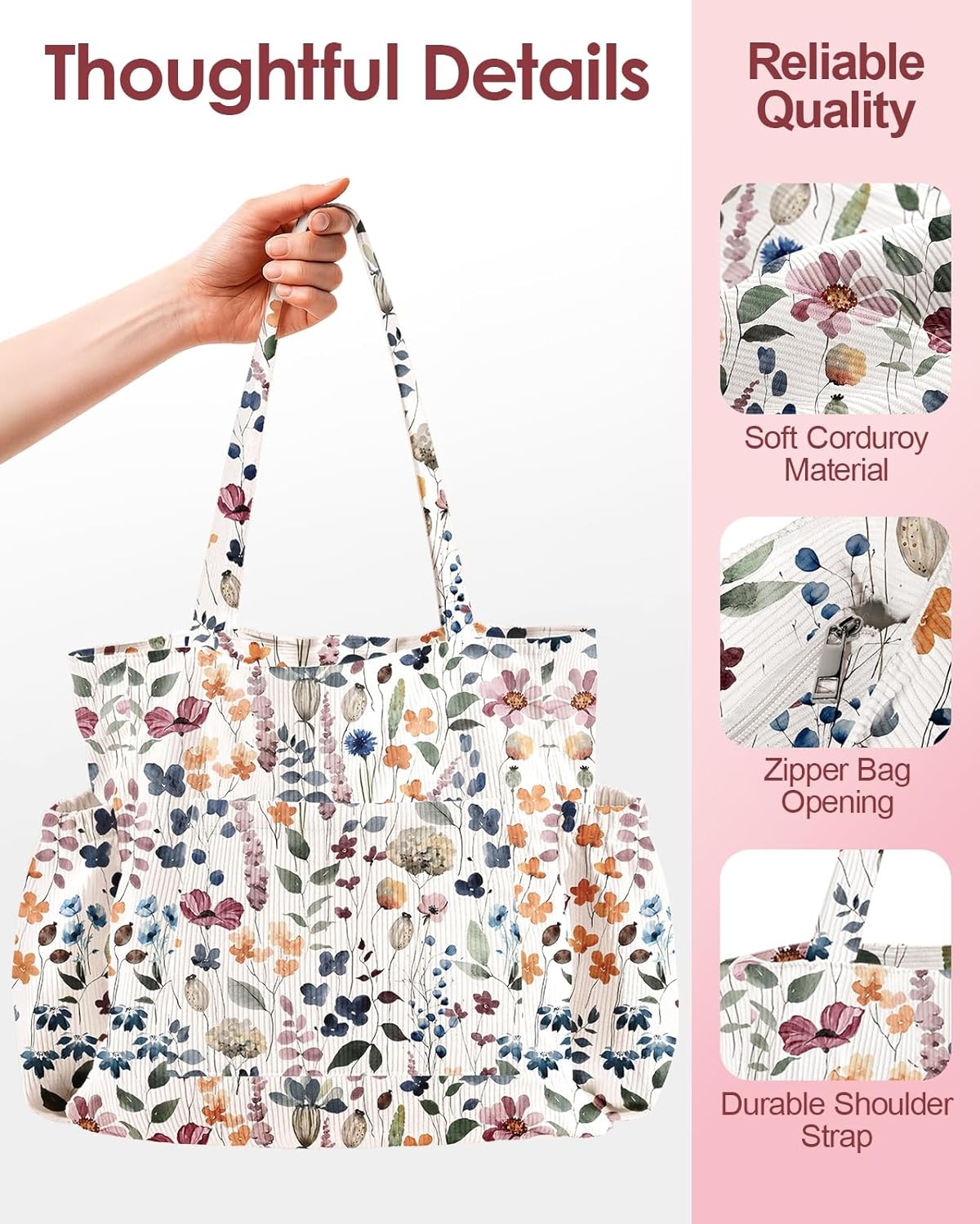 image:imageMiss Adola Large Corduroy Tote Bag for Women Cute Shoulder Reusable Bags with Zipper MultiPocket for SchoolWatercolor Wildflower