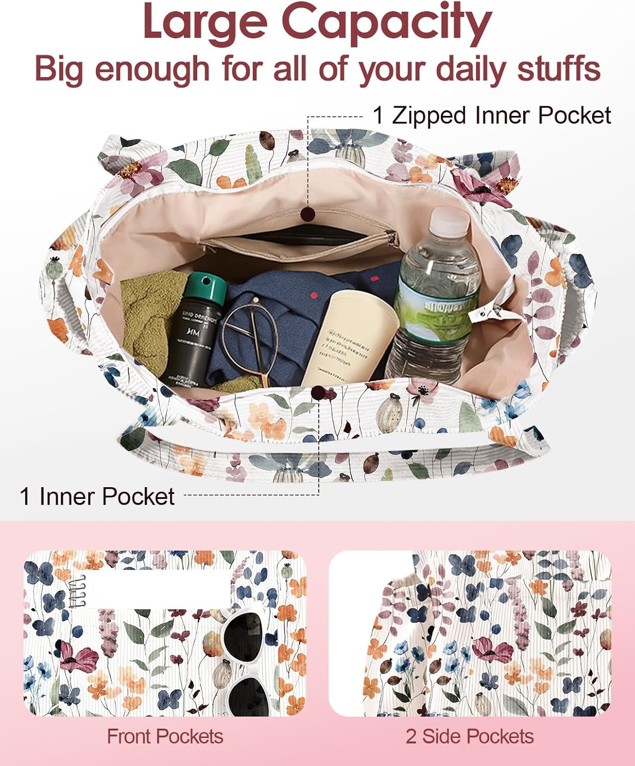 image:imageMiss Adola Large Corduroy Tote Bag for Women Cute Shoulder Reusable Bags with Zipper MultiPocket for SchoolWatercolor Wildflower