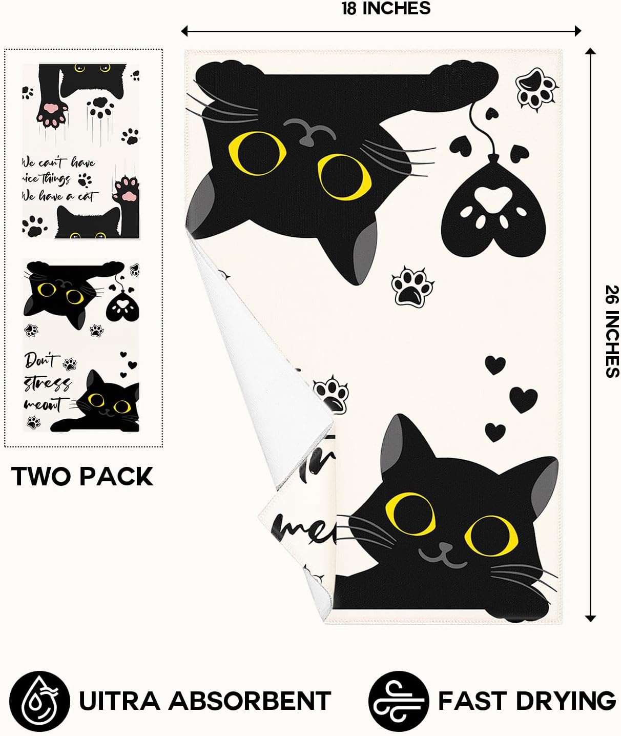 image:imageMiss Adola Microfiber Kitchen Towels Set of 2 Dish Towels for Kitchen 18 x 26 Inch Home Decoration Red Flower Grass Cute Spring Hand Towels Soft amp Absorbent Aesthetic DesignBlack Cat