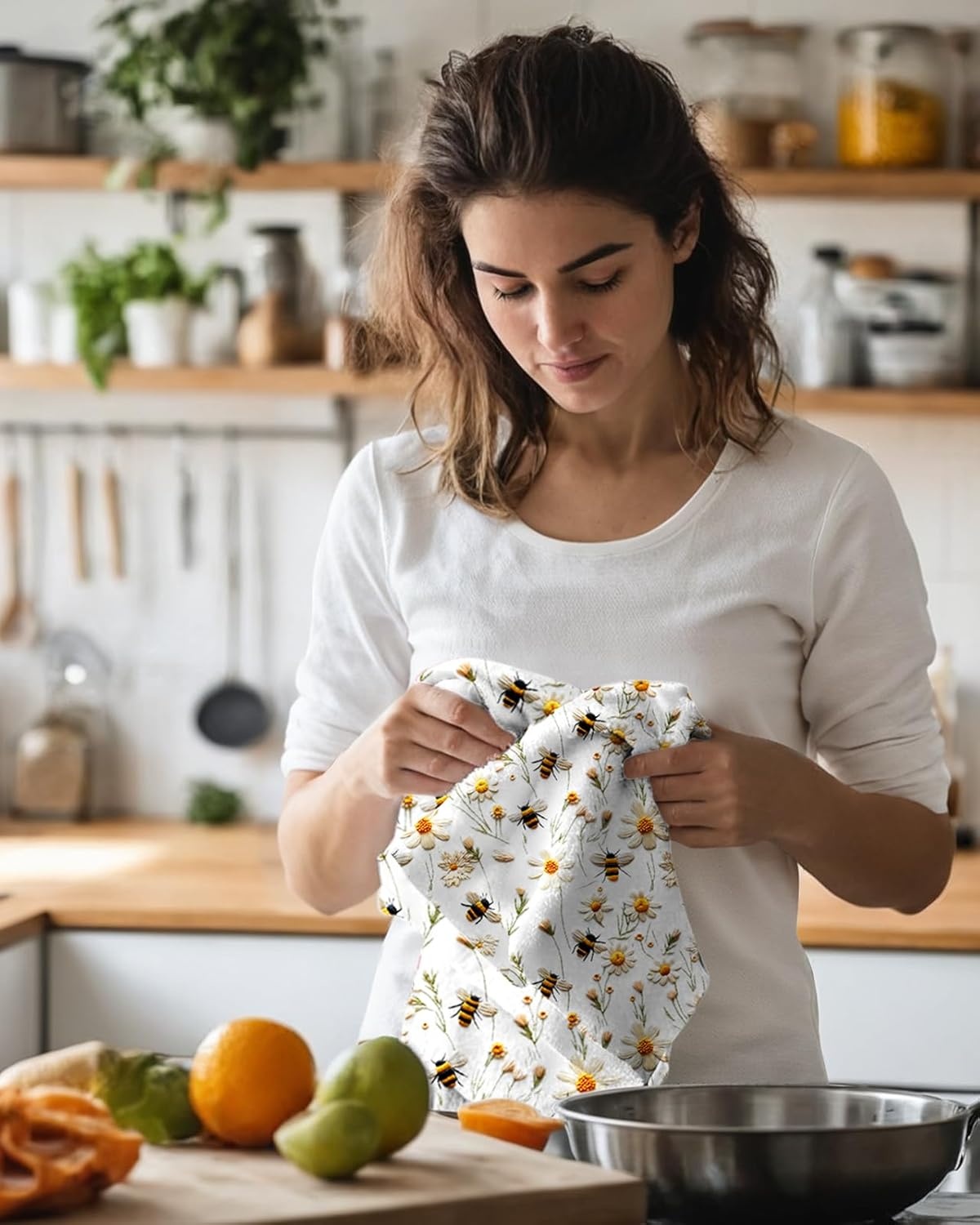 image:imageMiss Adola Microfiber Kitchen Towels Set of 2 Dish Towels for Kitchen 18 x 26 Inch Home Decoration Red Flower Grass Cute Spring Hand Towels Soft amp Absorbent Aesthetic DesignWhite Flower Bee