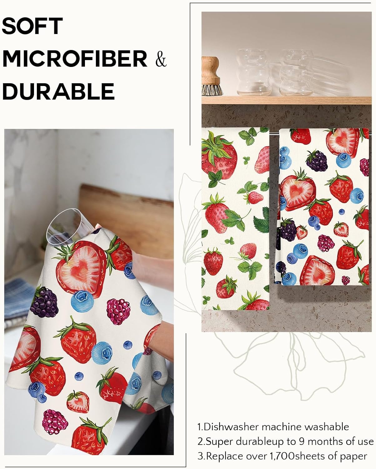image:imageMiss Adola Microfiber Kitchen Towels Set of 2 Dish Towels for Kitchen 18 x 26 Inch Home Decoration Red Flower Grass Cute Spring Hand Towels Soft amp Absorbent Aesthetic DesignLeaf Strawberry