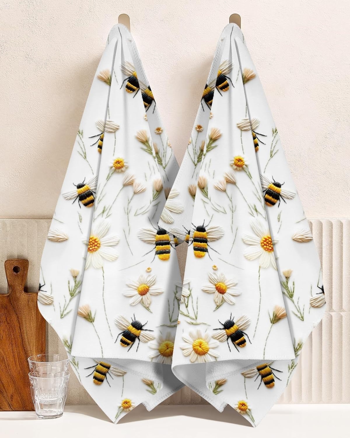 image:imageMiss Adola Microfiber Kitchen Towels Set of 2 Dish Towels for Kitchen 18 x 26 Inch Home Decoration Red Flower Grass Cute Spring Hand Towels Soft amp Absorbent Aesthetic DesignWhite Flower Bee