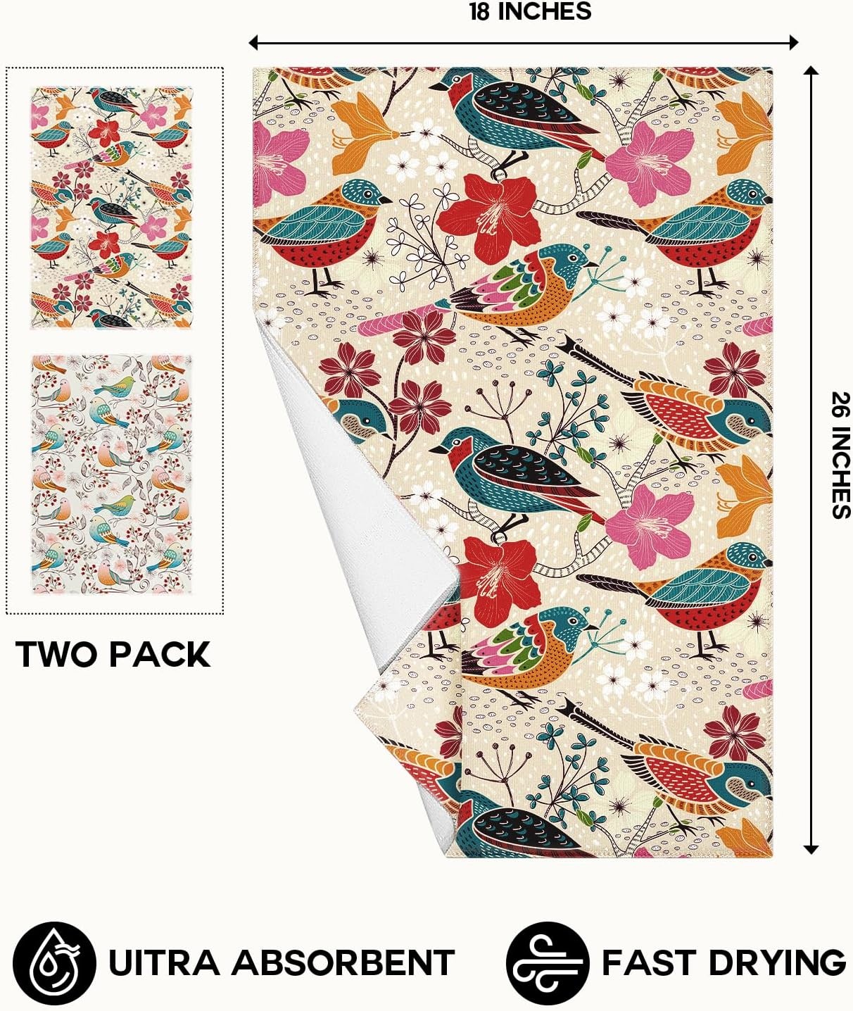 image:imageMiss Adola Microfiber Kitchen Towels Set of 2 Dish Towels for Kitchen 18 x 26 Inch Home Decoration Red Flower Grass Cute Spring Hand Towels Soft amp Absorbent Aesthetic DesignFloral Bird