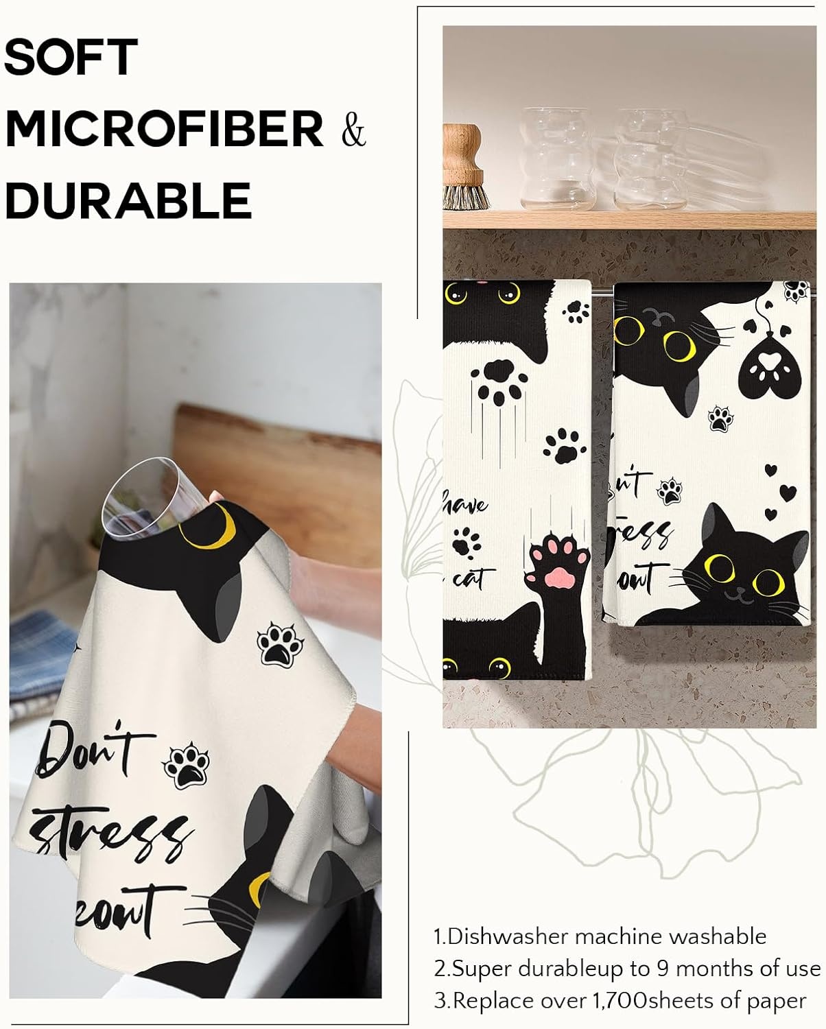 image:imageMiss Adola Microfiber Kitchen Towels Set of 2 Dish Towels for Kitchen 18 x 26 Inch Home Decoration Red Flower Grass Cute Spring Hand Towels Soft amp Absorbent Aesthetic DesignBlack Cat