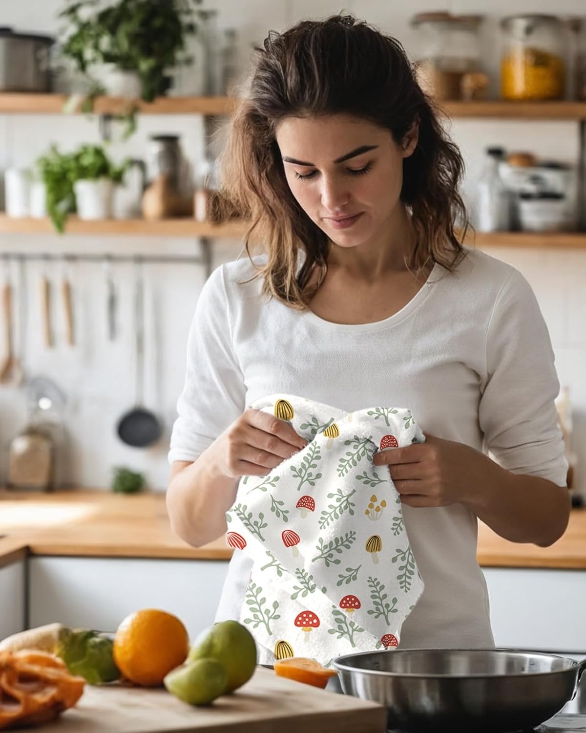 image:imageMiss Adola Microfiber Kitchen Towels Set of 2 Dish Towels for Kitchen 18 x 26 Inch Home Decoration Red Flower Grass Cute Spring Hand Towels Soft amp Absorbent Aesthetic DesignMushroom Leaf