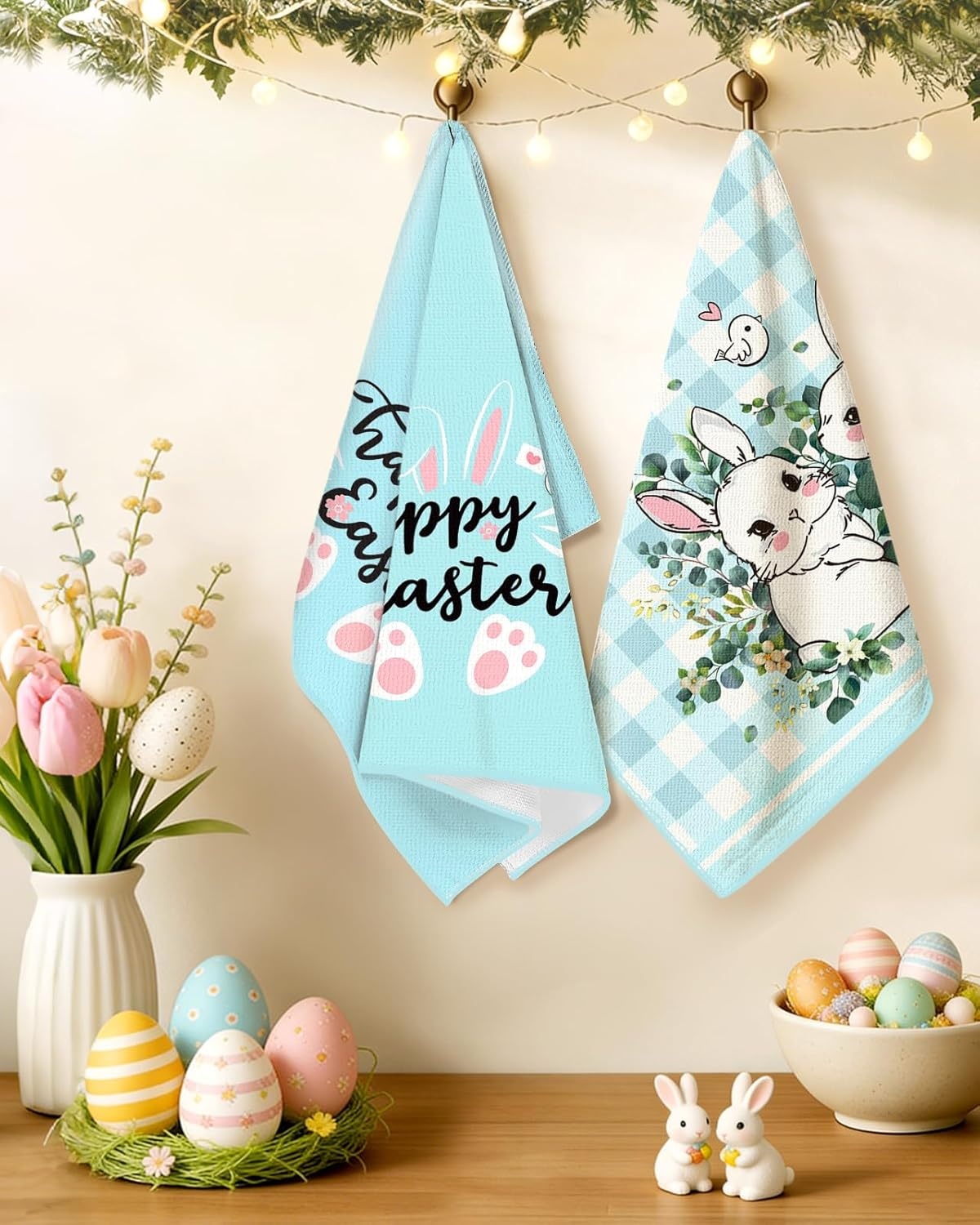 image:imageMiss Adola Microfiber Kitchen Towels Set of 2 Dish Towels for Kitchen 18 x 26 Inch Home Decoration Red Flower Grass Cute Spring Hand Towels Soft amp Absorbent Aesthetic DesignRabbit Flower