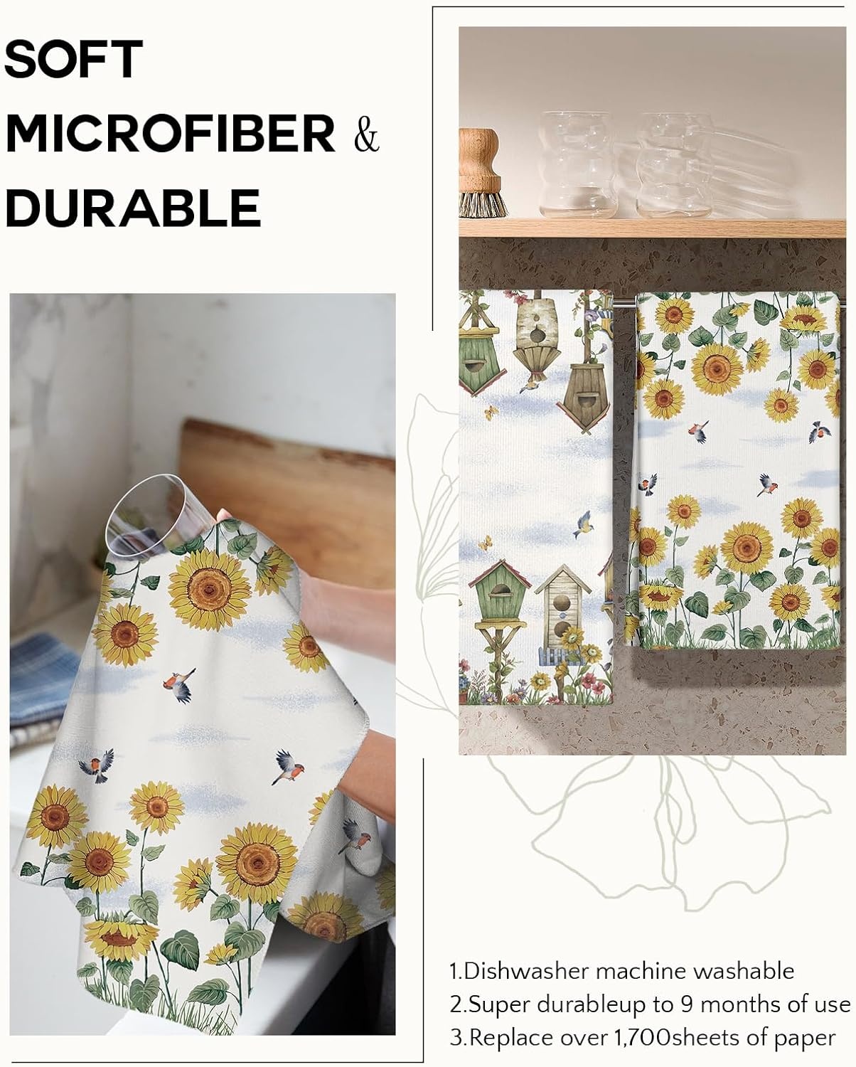image:imageMiss Adola Microfiber Kitchen Towels Set of 2 Dish Towels for Kitchen 18 x 26 Inch Home Decoration Red Flower Grass Cute Spring Hand Towels Soft amp Absorbent Aesthetic DesignFarm Sunflower
