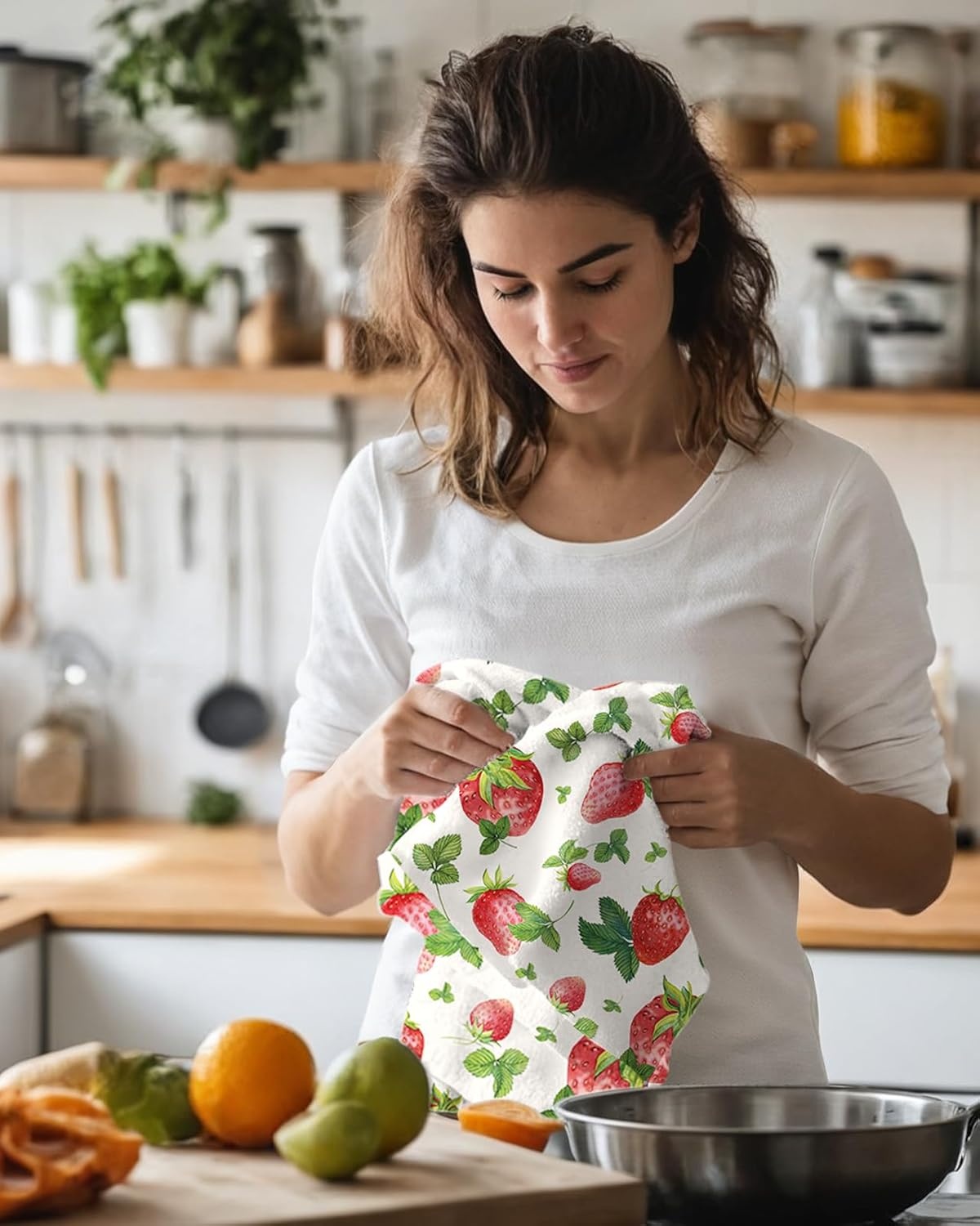 image:imageMiss Adola Microfiber Kitchen Towels Set of 2 Dish Towels for Kitchen 18 x 26 Inch Home Decoration Red Flower Grass Cute Spring Hand Towels Soft amp Absorbent Aesthetic DesignLeaf Strawberry