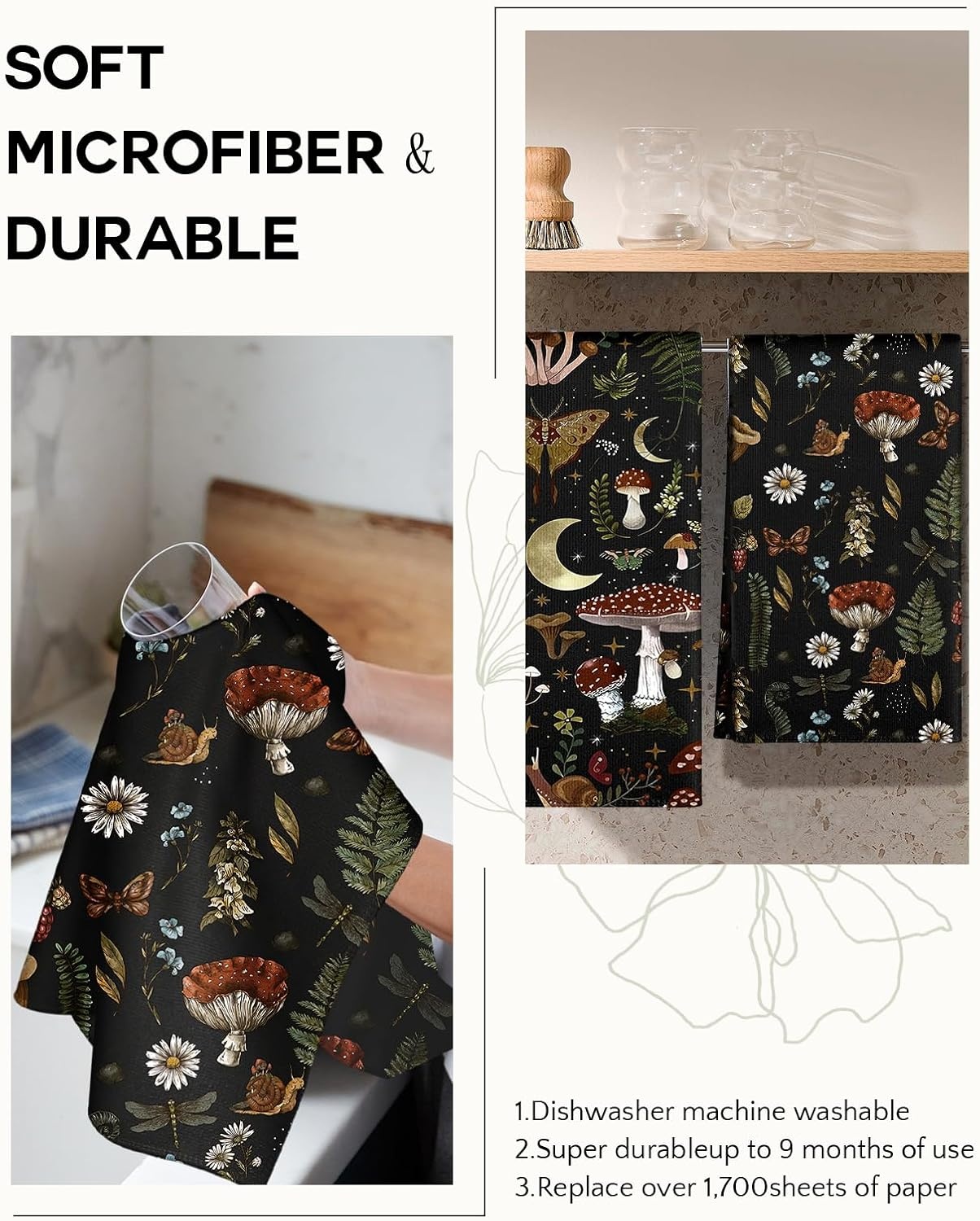 image:imageMiss Adola Microfiber Kitchen Towels Set of 2 Dish Towels for Kitchen 18 x 26 Inch Home Decoration Red Flower Grass Cute Spring Hand Towels Soft amp Absorbent Aesthetic DesignBlack Mushroom
