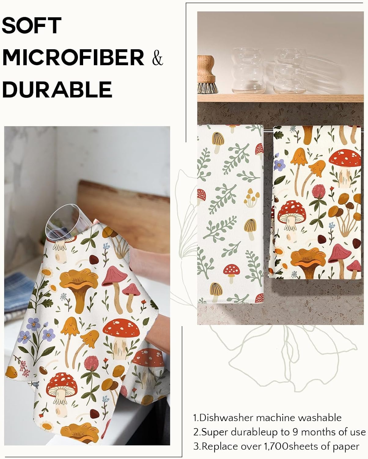 image:imageMiss Adola Microfiber Kitchen Towels Set of 2 Dish Towels for Kitchen 18 x 26 Inch Home Decoration Red Flower Grass Cute Spring Hand Towels Soft amp Absorbent Aesthetic DesignMushroom Leaf