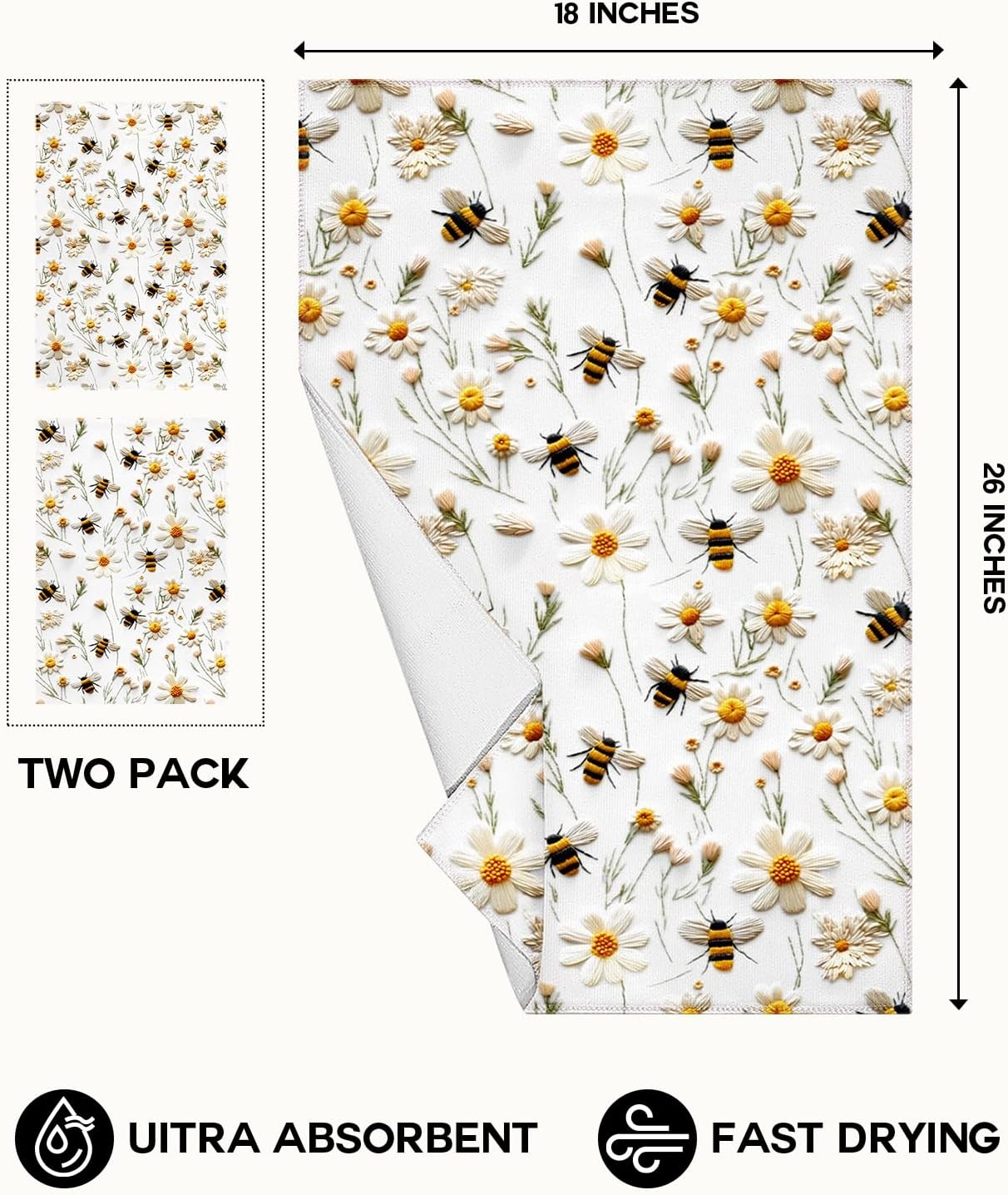 image:imageMiss Adola Microfiber Kitchen Towels Set of 2 Dish Towels for Kitchen 18 x 26 Inch Home Decoration Red Flower Grass Cute Spring Hand Towels Soft amp Absorbent Aesthetic DesignWhite Flower Bee