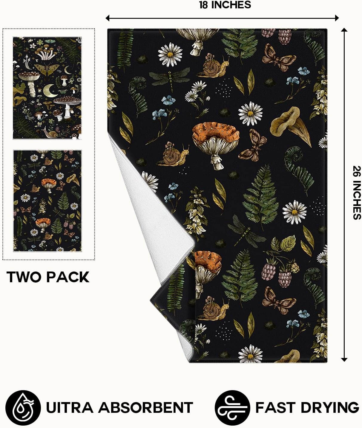 image:imageMiss Adola Microfiber Kitchen Towels Set of 2 Dish Towels for Kitchen 18 x 26 Inch Home Decoration Red Flower Grass Cute Spring Hand Towels Soft amp Absorbent Aesthetic DesignBlack Mushroom