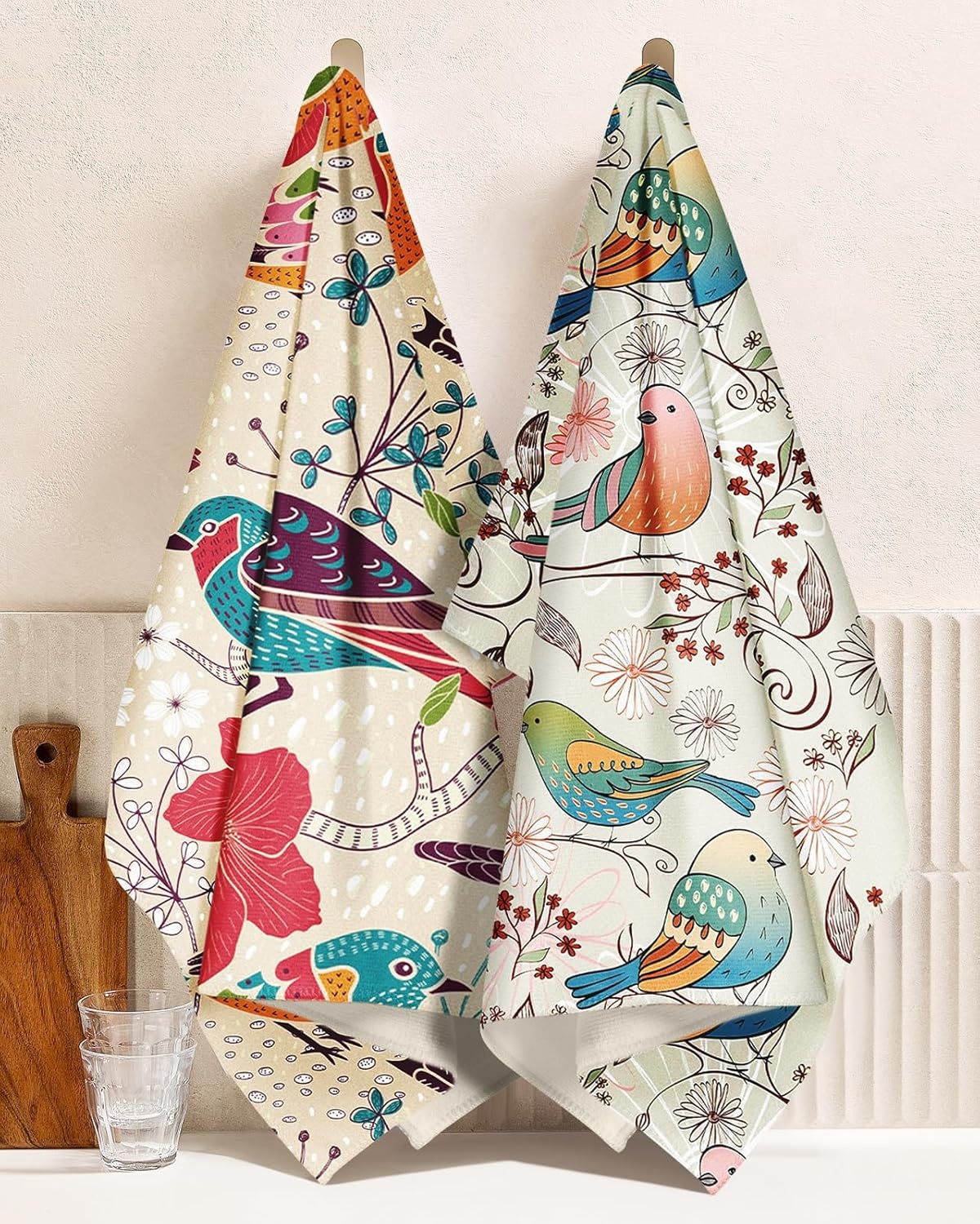 image:imageMiss Adola Microfiber Kitchen Towels Set of 2 Dish Towels for Kitchen 18 x 26 Inch Home Decoration Red Flower Grass Cute Spring Hand Towels Soft amp Absorbent Aesthetic DesignFloral Bird