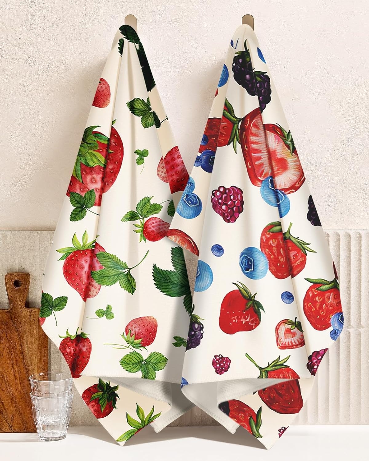 image:imageMiss Adola Microfiber Kitchen Towels Set of 2 Dish Towels for Kitchen 18 x 26 Inch Home Decoration Red Flower Grass Cute Spring Hand Towels Soft amp Absorbent Aesthetic DesignLeaf Strawberry