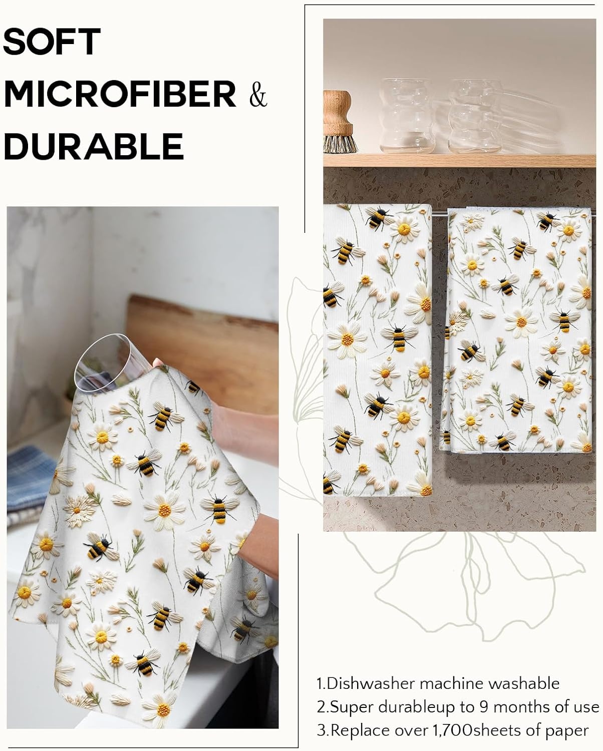 image:imageMiss Adola Microfiber Kitchen Towels Set of 2 Dish Towels for Kitchen 18 x 26 Inch Home Decoration Red Flower Grass Cute Spring Hand Towels Soft amp Absorbent Aesthetic DesignWhite Flower Bee