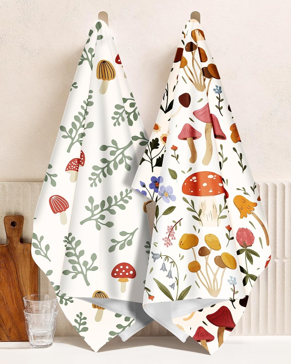 image:imageMiss Adola Microfiber Kitchen Towels Set of 2 Dish Towels for Kitchen 18 x 26 Inch Home Decoration Red Flower Grass Cute Spring Hand Towels Soft amp Absorbent Aesthetic DesignMushroom Leaf