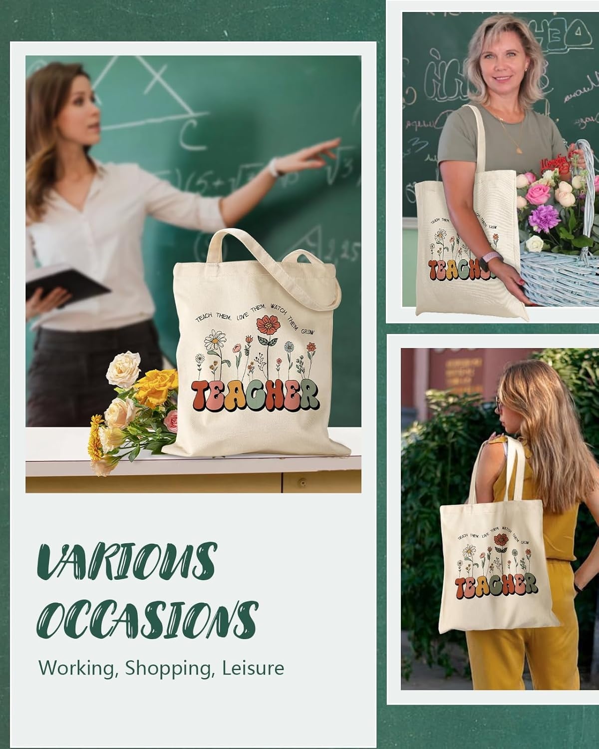 image:imageMiss Adola Teacher Tote Bag Aesthetic Cute Women Canvas Tote Bag Teacher Appreciation Resuable Shoulder Bag for DailyTeacher Flowers