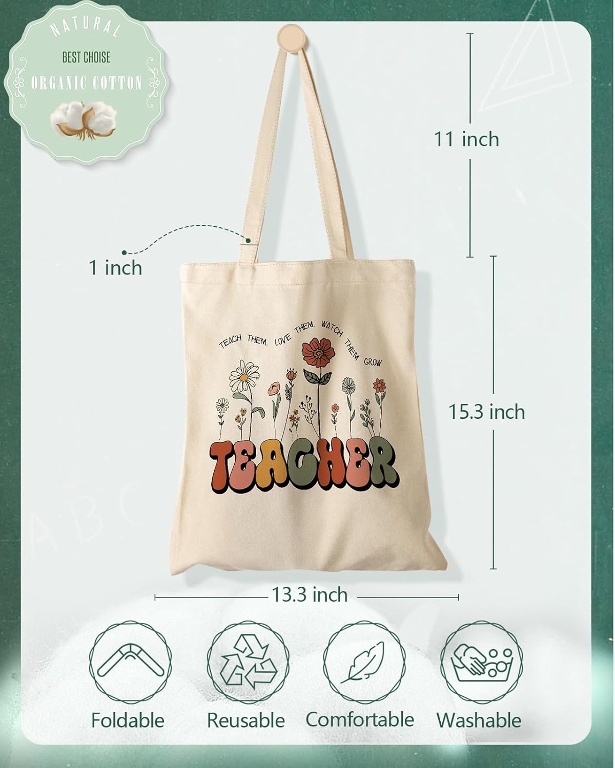 image:imageMiss Adola Teacher Tote Bag Aesthetic Cute Women Canvas Tote Bag Teacher Appreciation Resuable Shoulder Bag for DailyTeacher Flowers