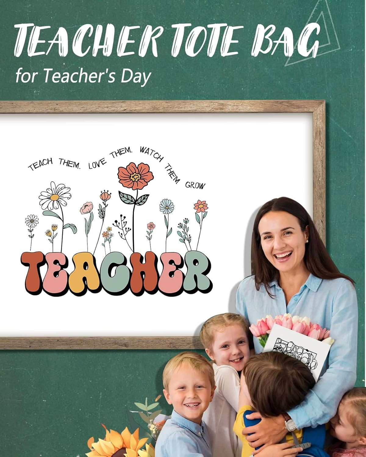 image:imageMiss Adola Teacher Tote Bag Aesthetic Cute Women Canvas Tote Bag Teacher Appreciation Resuable Shoulder Bag for DailyTeacher Flowers