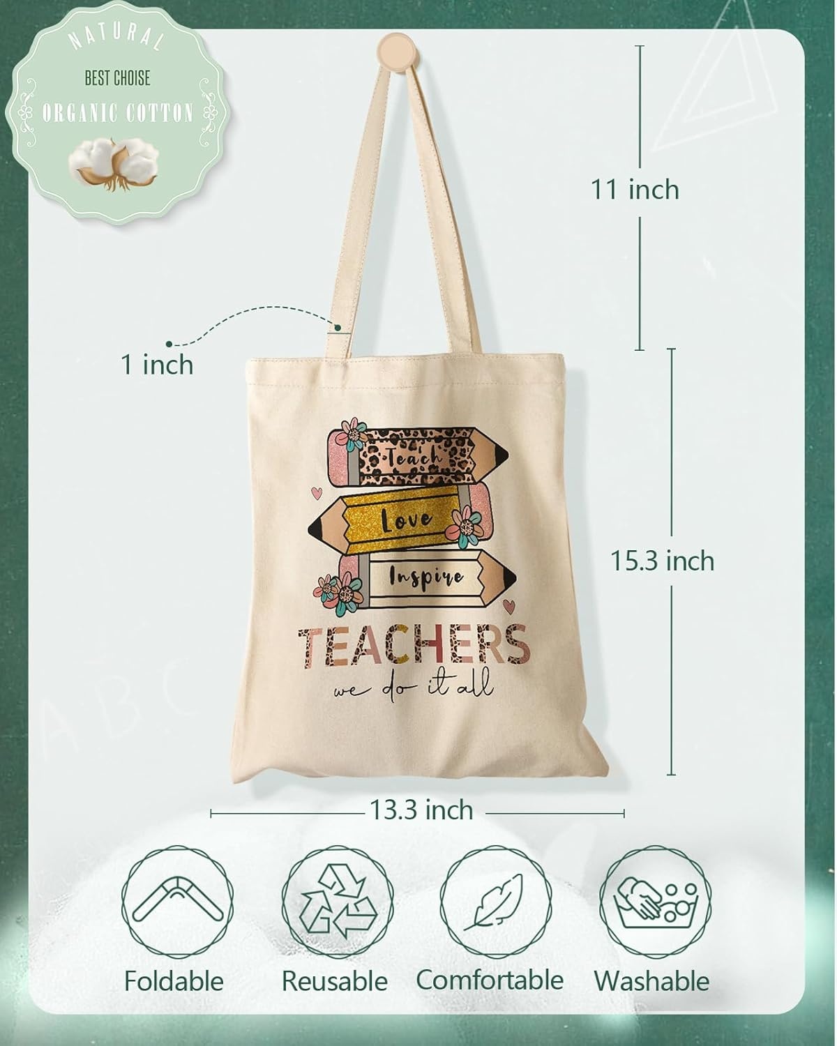image:imageMiss Adola Teacher Tote Bag Aesthetic Cute Women Canvas Tote Bag Teacher Appreciation Resuable Shoulder Bag for DailyTeacher Leopard Pen
