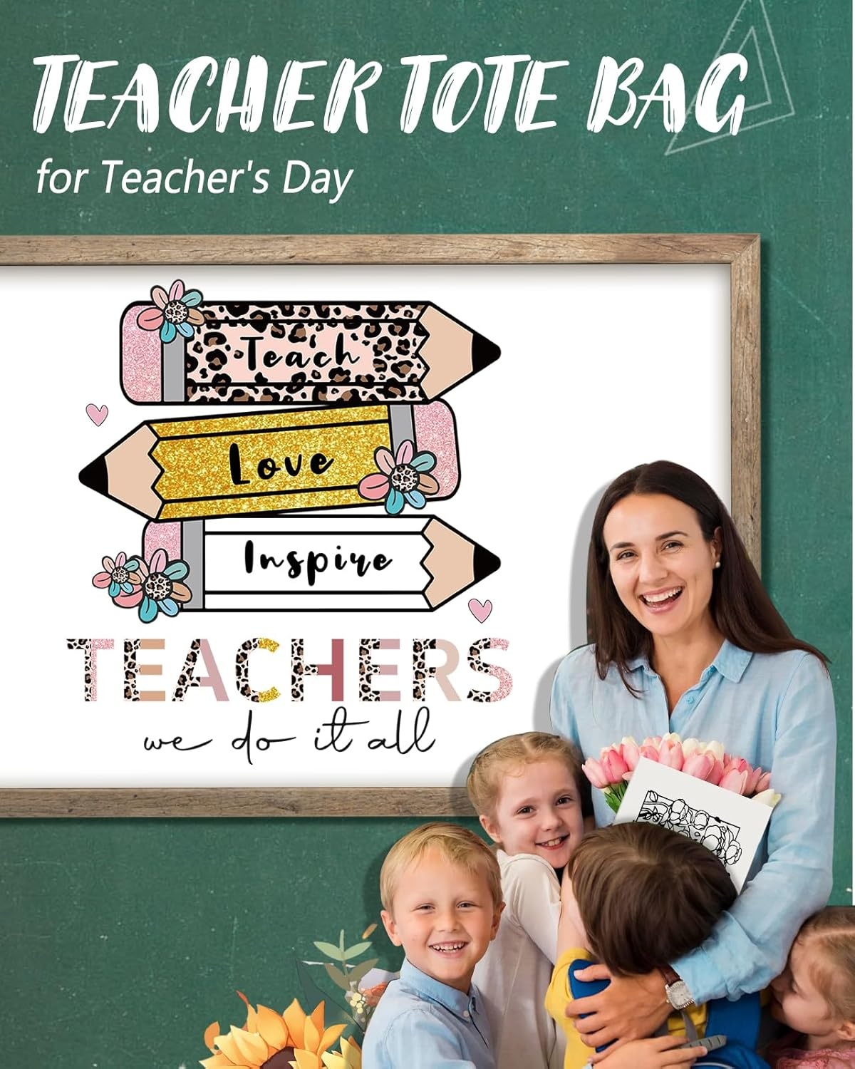 image:imageMiss Adola Teacher Tote Bag Aesthetic Cute Women Canvas Tote Bag Teacher Appreciation Resuable Shoulder Bag for DailyTeacher Leopard Pen