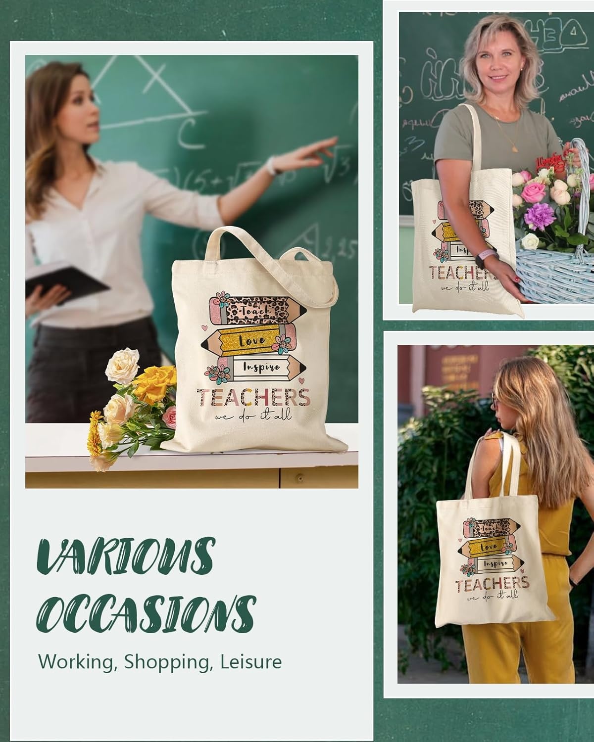 image:imageMiss Adola Teacher Tote Bag Aesthetic Cute Women Canvas Tote Bag Teacher Appreciation Resuable Shoulder Bag for DailyTeacher Leopard Pen