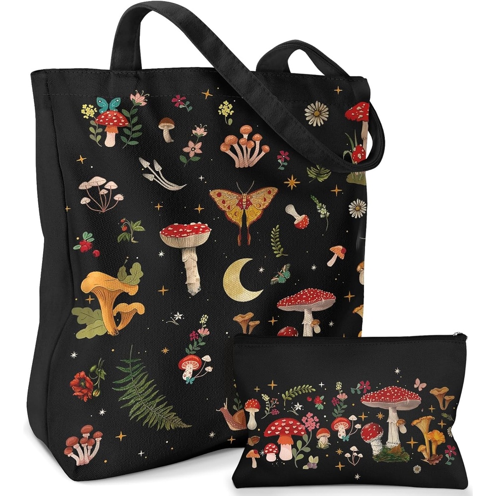 image:imageMiss Adola 2 Pack Canvas Tote Bag with Makeup Pouch Aesthetic Cute Women Reusable Canvas Bag for Shopping Work TravelBlack Mushroom