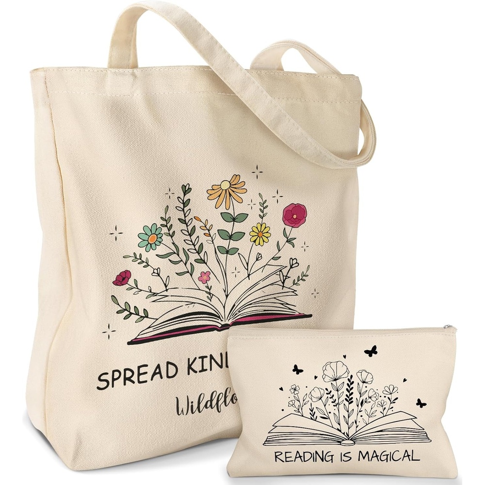 image:imageMiss Adola 2 Pack Canvas Tote Bag with Makeup Pouch Aesthetic Cute Women Reusable Canvas Bag for Shopping Work TravelBooks Blossoms