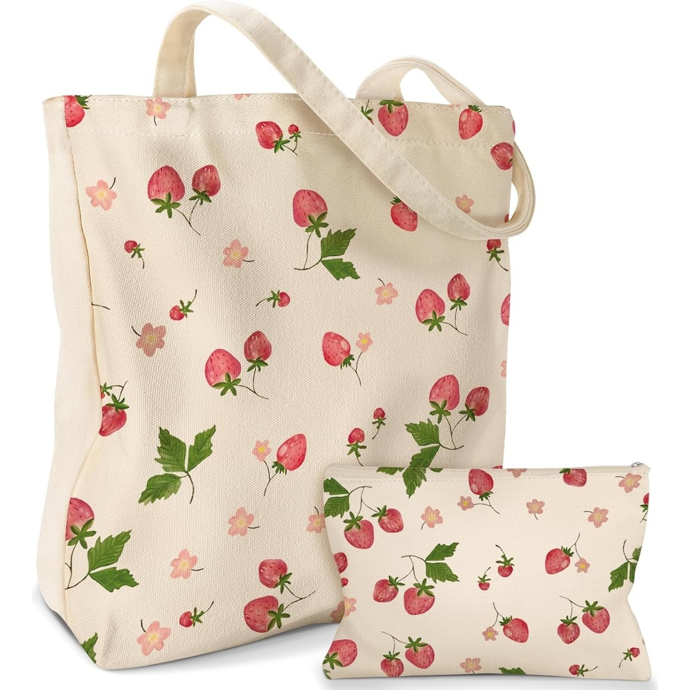 image:imageMiss Adola 2 Pack Canvas Tote Bag with Makeup Pouch Aesthetic Cute Women Reusable Canvas Bag for Shopping Work TravelColor Strawberry