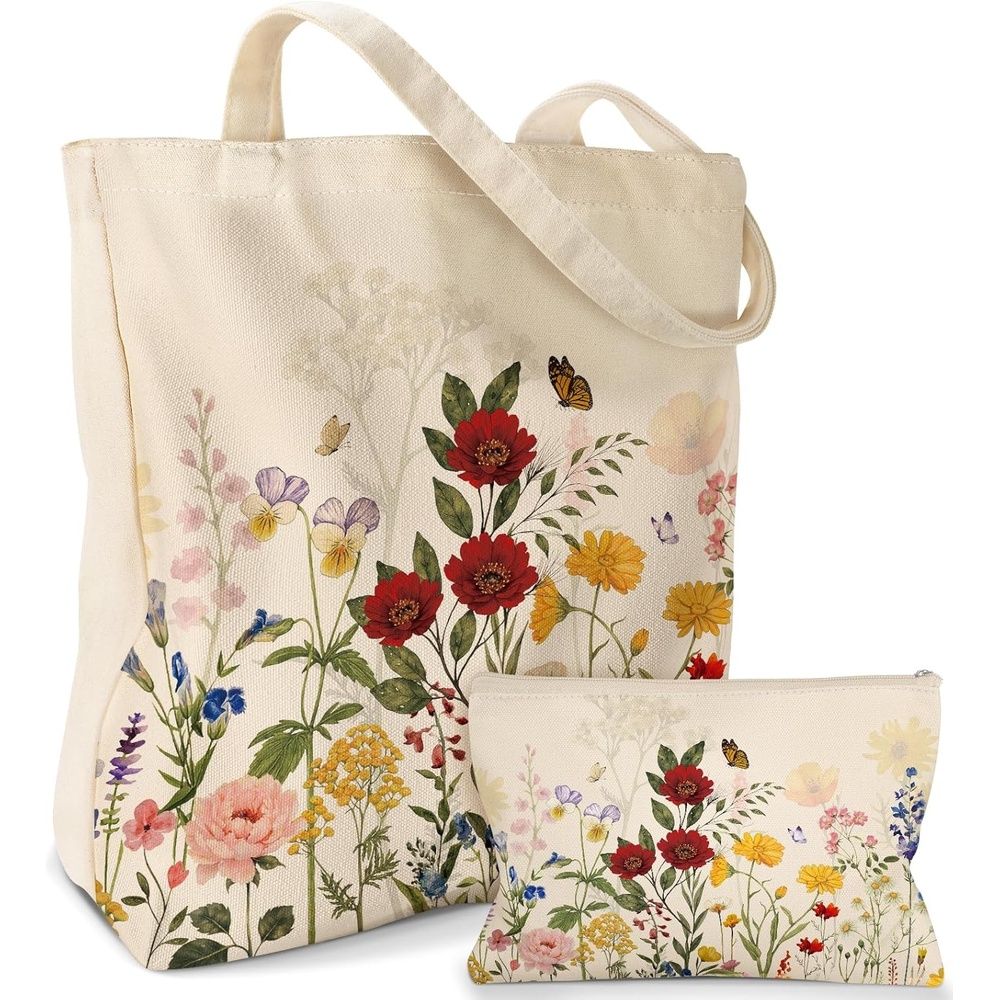 image:imageMiss Adola 2 Pack Canvas Tote Bag with Makeup Pouch Aesthetic Cute Women Reusable Canvas Bag for Shopping Work TravelNew Retro Flowers