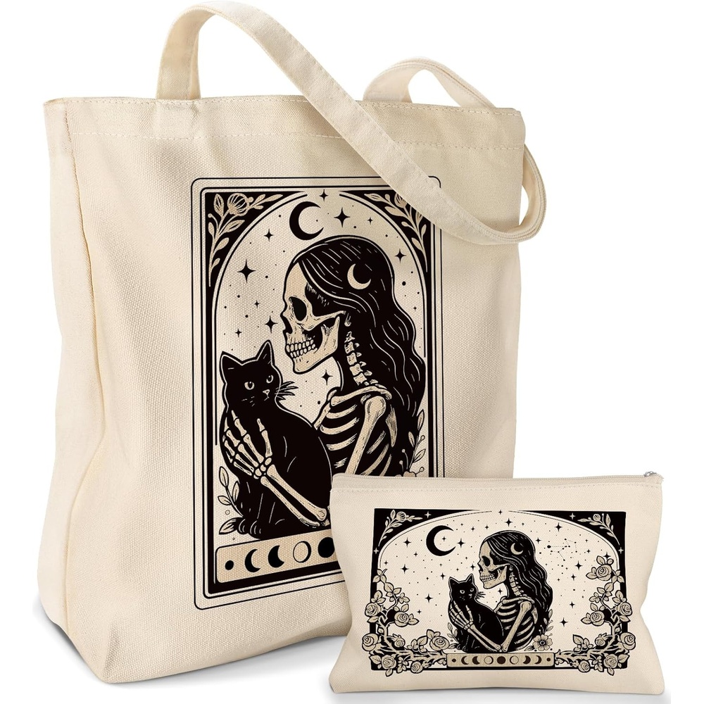 image:imageMiss Adola 2 Pack Canvas Tote Bag with Makeup Pouch Aesthetic Cute Women Reusable Canvas Bag for Shopping Work TravelSkull Cats